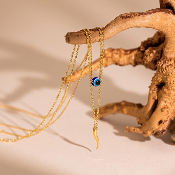 ⚡Gold Evil Eye Necklace with Horn Pendant Layered Protection Jewelry for Women - Picture 4 of 7